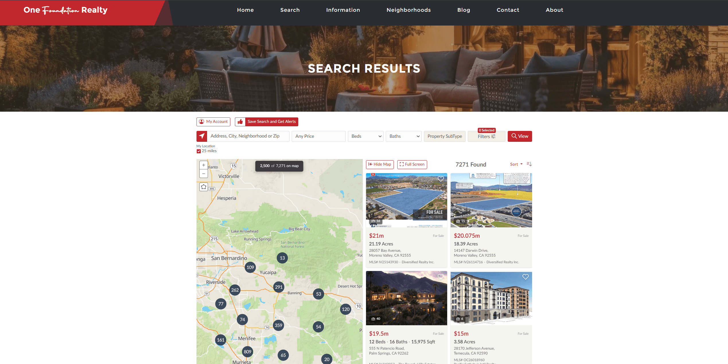 One Foundation Realty search results showing property filters, a regional map, and active listing cards